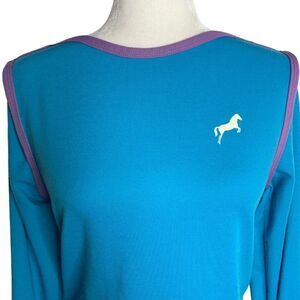 Vintage 80s Boat Neck Knit Shirt S Teal Blue Long Sleeves Round Hem Horse